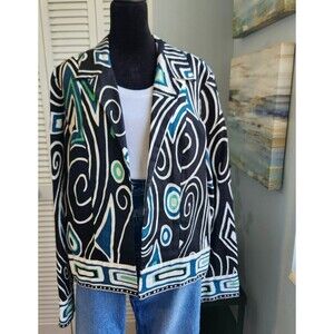 Transition Women's 100% Linen Jacket size 10 Blazer Geometric Black & Blue LNC